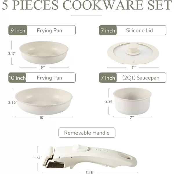 imageCAROTE Nonstick Cookware Sets Non Stick Pots and Pans Set Detachable Handle Kitchen Cookware Sets with Removable Handle Stackable RV Cookware for Campers Oven Safe White 5 PCSCream White