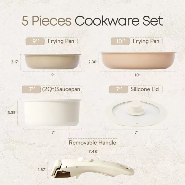 imageCAROTE Nonstick Cookware Sets Non Stick Pots and Pans Set Detachable Handle Kitchen Cookware Sets with Removable Handle Stackable RV Cookware for Campers Oven Safe White 5 PCSMulticolor