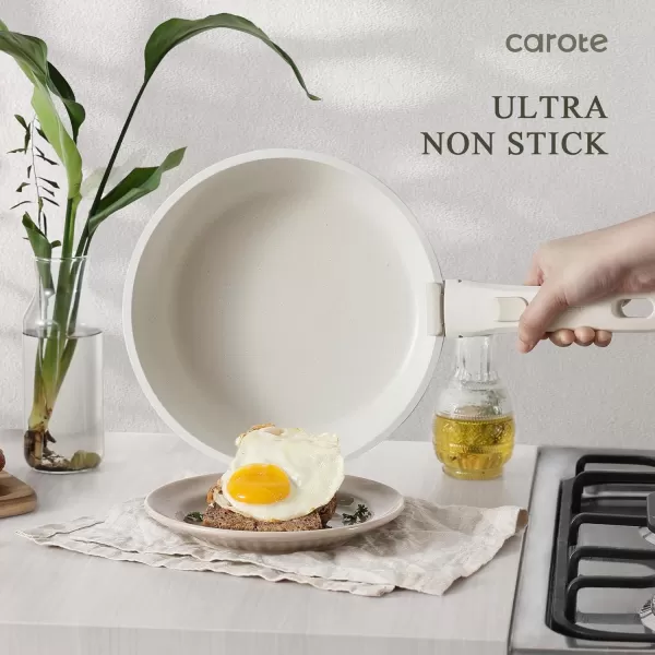 imageCAROTE Nonstick Cookware Sets Non Stick Pots and Pans Set Detachable Handle Kitchen Cookware Sets with Removable Handle Stackable RV Cookware for Campers Oven Safe White 5 PCSCream White
