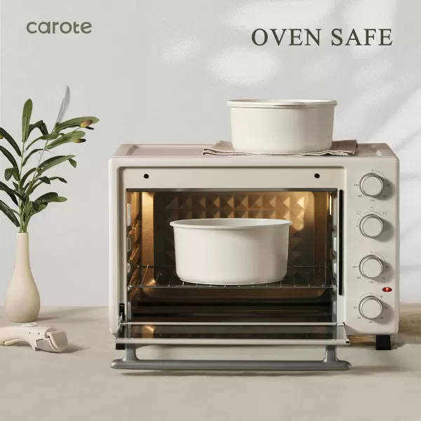 imageCAROTE Nonstick Cookware Sets Non Stick Pots and Pans Set Detachable Handle Kitchen Cookware Sets with Removable Handle Stackable RV Cookware for Campers Oven Safe White 5 PCSCream White