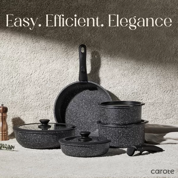 imageCAROTE Nonstick Cookware Sets Non Stick Pots and Pans Set Detachable Handle Kitchen Cookware Sets with Removable Handle Stackable RV Cookware for Campers Oven Safe White 5 PCSMidnight Black