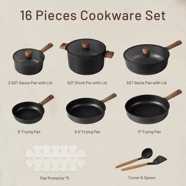 imageCAROTE Nonstick Pots and PansCookware Set 16pcs Kitchen Cooking Sets 16pcs Pots and Pans Set Non StickBlack