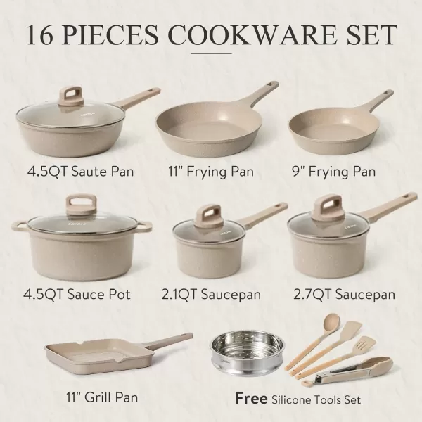 imageCAROTE Pots and Pans Set Non Stick 16Pcs Kitchen Cookware Set Stackable Induction Cookware Pot and Pan set Pans for Cooking Taupe GraniteBeige Granite
