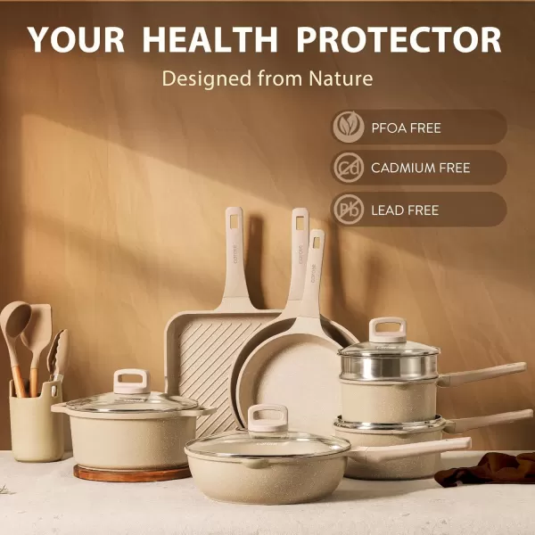 imageCAROTE Pots and Pans Set Non Stick 16Pcs Kitchen Cookware Set Stackable Induction Cookware Pot and Pan set Pans for Cooking Taupe GraniteBeige Granite