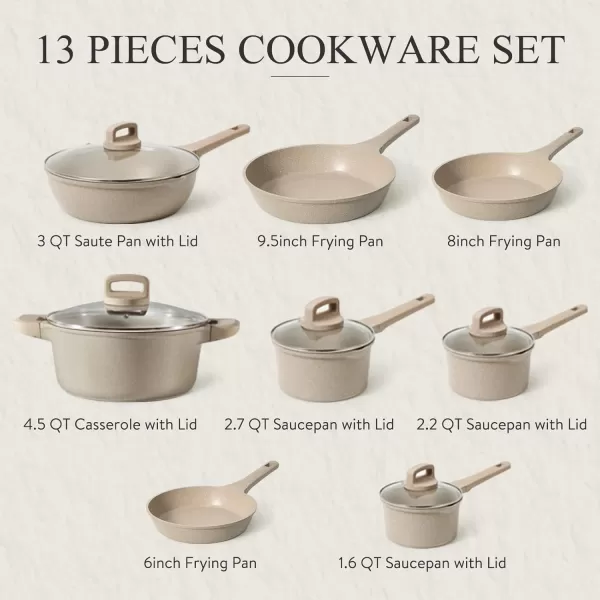 imageCAROTE Pots and Pans Set Non Stick 16Pcs Kitchen Cookware Set Stackable Induction Cookware Pot and Pan set Pans for Cooking Taupe GraniteTaupe