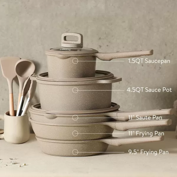 imageCAROTE Pots and Pans Set Non Stick 16Pcs Kitchen Cookware Set Stackable Induction Cookware Pot and Pan set Pans for Cooking Taupe GraniteTaupe