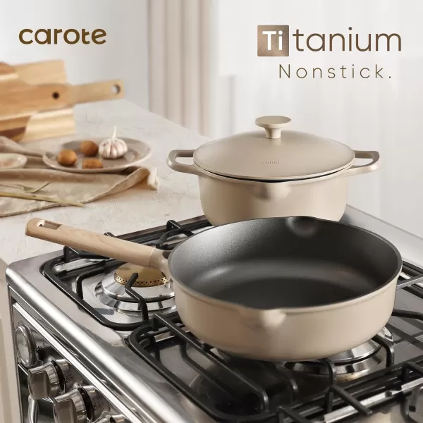 imageCAROTE Pots and Pans Set Non Stick 16Pcs Kitchen Cookware Set Stackable Induction Cookware Pot and Pan set Pans for Cooking Taupe GraniteTaupe
