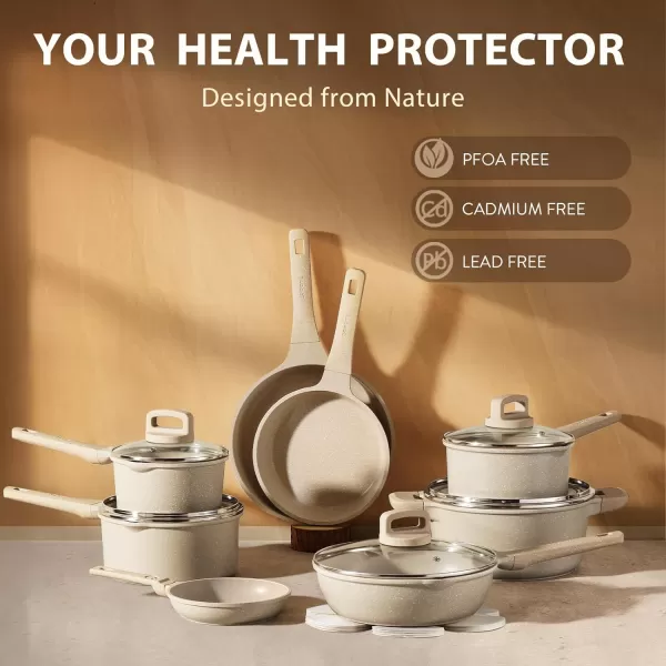 imageCAROTE Pots and Pans Set Non Stick 16Pcs Kitchen Cookware Set Stackable Induction Cookware Pot and Pan set Pans for Cooking Taupe GraniteTaupe