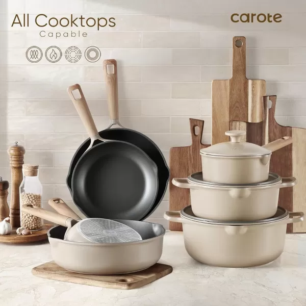 imageCAROTE Pots and Pans Set Non Stick 16Pcs Kitchen Cookware Set Stackable Induction Cookware Pot and Pan set Pans for Cooking Taupe GraniteTaupe