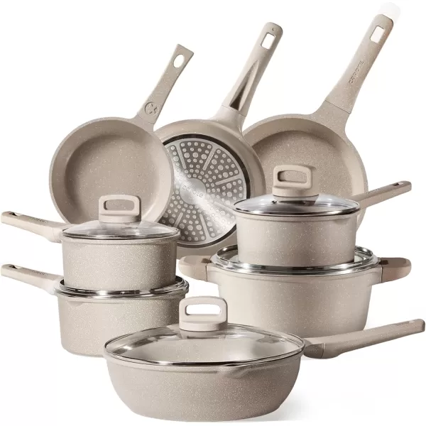 imageCAROTE Pots and Pans Set Non Stick 16Pcs Kitchen Cookware Set Stackable Induction Cookware Pot and Pan set Pans for Cooking Taupe GraniteTaupe