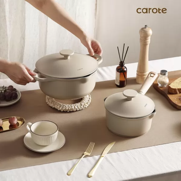 imageCAROTE Pots and Pans Set Non Stick 16Pcs Kitchen Cookware Set Stackable Induction Cookware Pot and Pan set Pans for Cooking Taupe GraniteTaupe