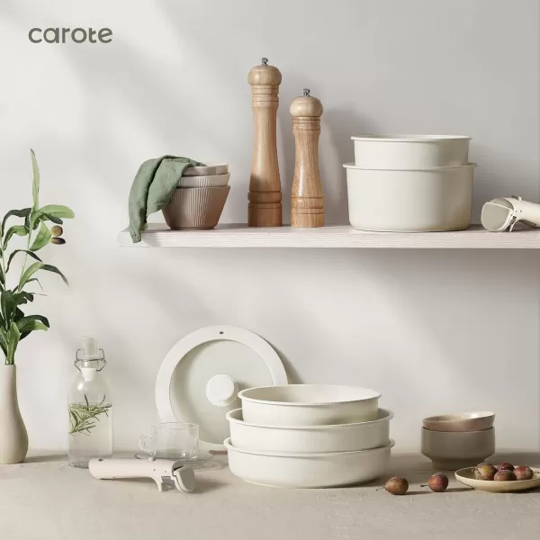 imageCAROTE Pots and Pans Set Non Stick Cookware Sets 11pcs Kitchen Set OvenFridge Safe Space Saving Pots Set Nonstick Set with Versatile RemovableDetachable Handle Induction RV Set Cream WhiteCream White