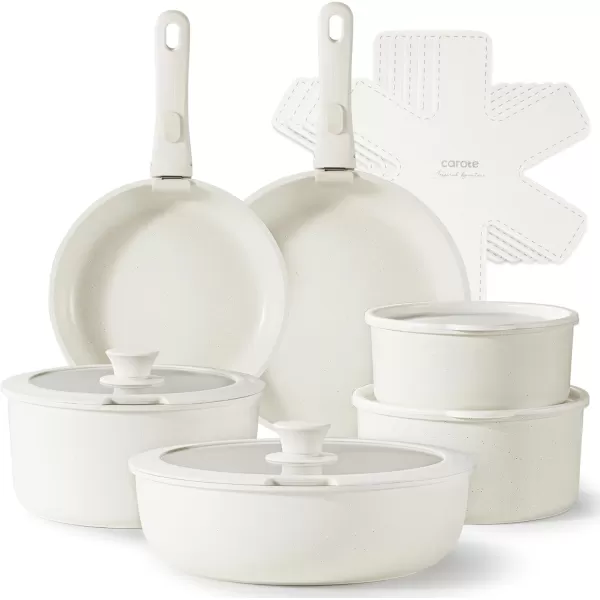 imageCAROTE Pots and Pans Set Non Stick Cookware Sets 11pcs Kitchen Set OvenFridge Safe Space Saving Pots Set Nonstick Set with Versatile RemovableDetachable Handle Induction RV Set Cream WhiteCream White
