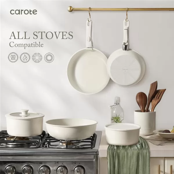imageCAROTE Pots and Pans Set Non Stick Cookware Sets 11pcs Kitchen Set OvenFridge Safe Space Saving Pots Set Nonstick Set with Versatile RemovableDetachable Handle Induction RV Set Cream WhiteCream White