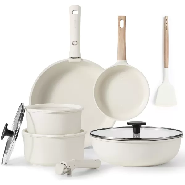 imageCAROTE Pots and Pans Set Non Stick Cookware Sets 11pcs Kitchen Set OvenFridge Safe Space Saving Pots Set Nonstick Set with Versatile RemovableDetachable Handle Induction RV Set Cream WhiteWhite