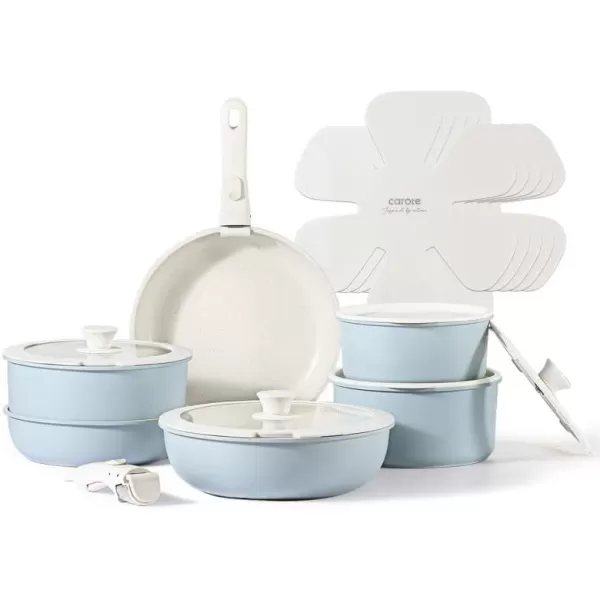 imageCAROTE Pots and Pans Set Non Stick Cookware Sets 11pcs Kitchen Set OvenFridge Safe Space Saving Pots Set Nonstick Set with Versatile RemovableDetachable Handle Induction RV Set Wave BlueBlue