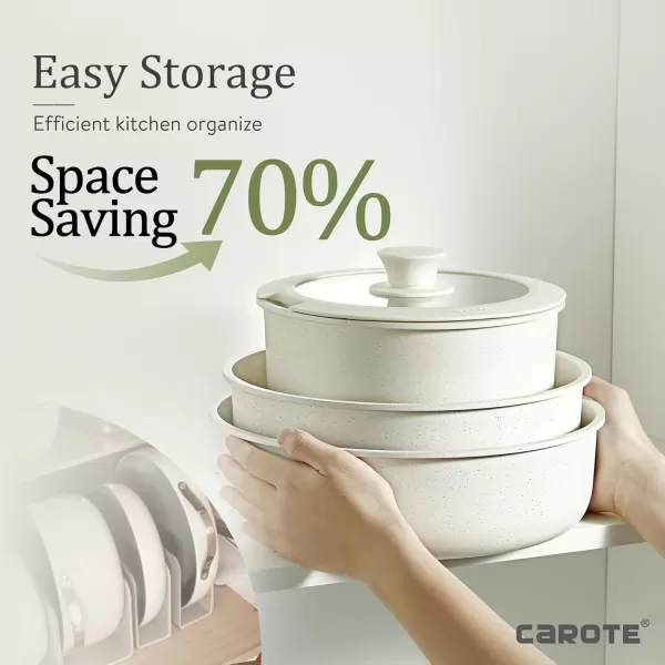 imageCAROTE Pots and Pans Set Non Stick Cookware Sets 11pcs Kitchen Set OvenFridge Safe Space Saving Pots Set Nonstick Set with Versatile RemovableDetachable Handle Induction RV Set Cream WhiteCream White