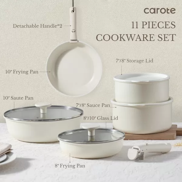imageCAROTE Pots and Pans Set Non Stick Cookware Sets 11pcs Kitchen Set OvenFridge Safe Space Saving Pots Set Nonstick Set with Versatile RemovableDetachable Handle Induction RV Set Cream WhiteJade Cream