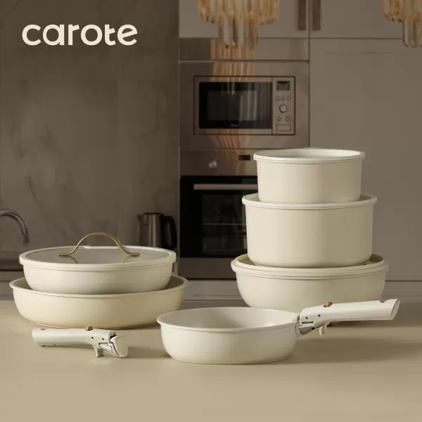 imageCAROTE Pots and Pans Set Non Stick Cookware Sets 11pcs Kitchen Set OvenFridge Safe Space Saving Pots Set Nonstick Set with Versatile RemovableDetachable Handle Induction RV Set Cream WhiteCream White