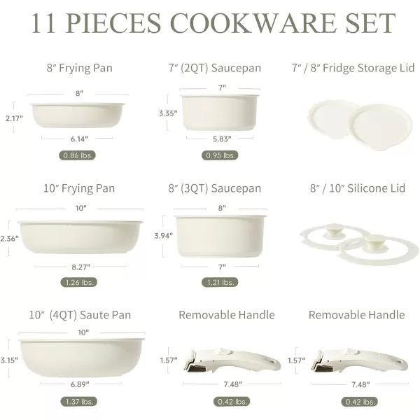 imageCAROTE Pots and Pans Set Non Stick Cookware Sets 11pcs Kitchen Set OvenFridge Safe Space Saving Pots Set Nonstick Set with Versatile RemovableDetachable Handle Induction RV Set Cream WhiteCream White