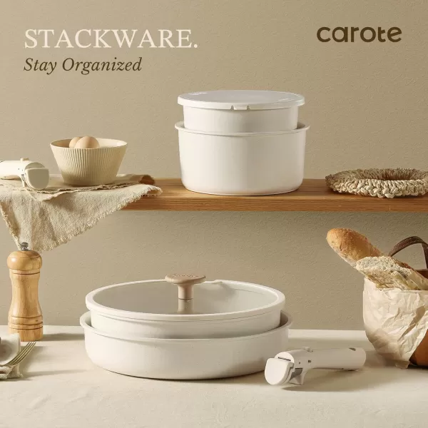 imageCAROTE Pots and Pans Set Non Stick Cookware Sets 11pcs Kitchen Set OvenFridge Safe Space Saving Pots Set Nonstick Set with Versatile RemovableDetachable Handle Induction RV Set Cream WhiteWooden