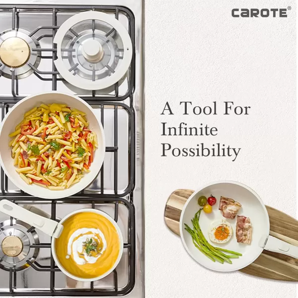 imageCAROTE Pots and Pans Set Non Stick Cookware Sets 11pcs Kitchen Set OvenFridge Safe Space Saving Pots Set Nonstick Set with Versatile RemovableDetachable Handle Induction RV Set Cream WhiteCream White