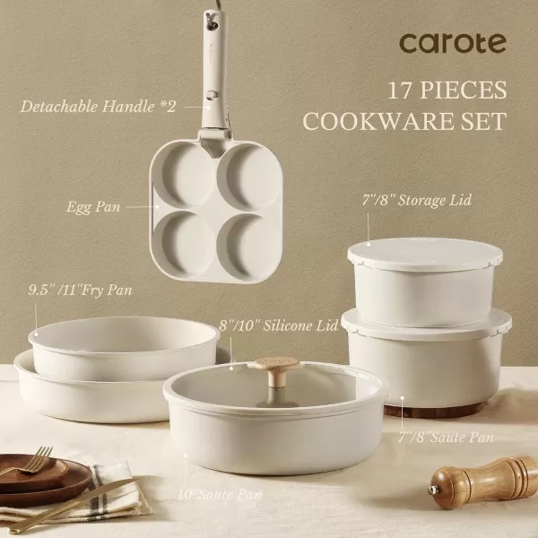 imageCAROTE Pots and Pans Set Non Stick Cookware Sets 11pcs Kitchen Set OvenFridge Safe Space Saving Pots Set Nonstick Set with Versatile RemovableDetachable Handle Induction RV Set Cream WhiteWooden