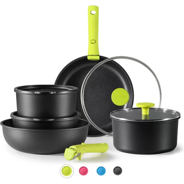 imageCAROTE Pots and Pans Set Non Stick Cookware Sets 11pcs Kitchen Set OvenFridge Safe Space Saving Pots Set Nonstick Set with Versatile RemovableDetachable Handle Induction RV Set Wave BlueGreen