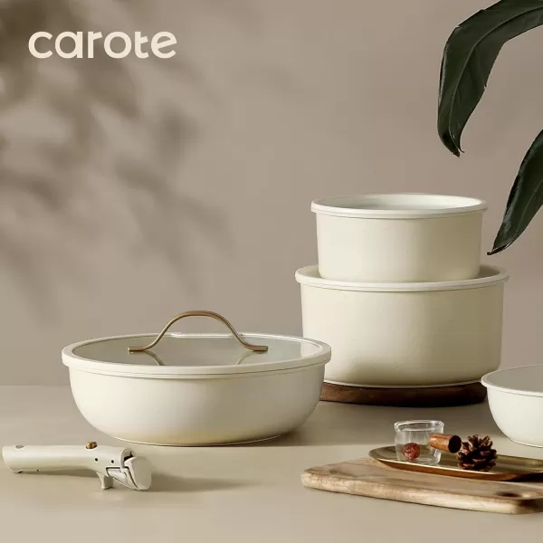 imageCAROTE Pots and Pans Set Non Stick Cookware Sets 11pcs Kitchen Set OvenFridge Safe Space Saving Pots Set Nonstick Set with Versatile RemovableDetachable Handle Induction RV Set Cream WhiteCream White
