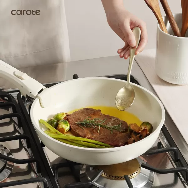 imageCAROTE Pots and Pans Set Non Stick Cookware Sets 11pcs Kitchen Set OvenFridge Safe Space Saving Pots Set Nonstick Set with Versatile RemovableDetachable Handle Induction RV Set Cream WhiteWooden