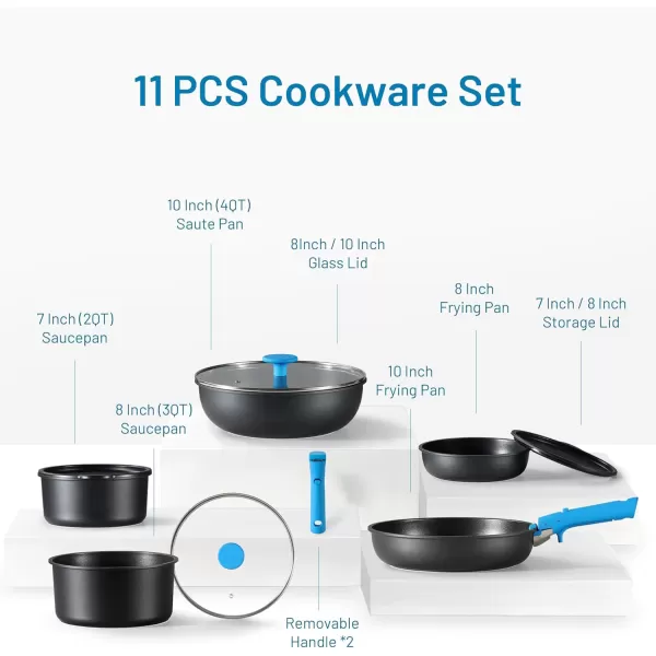 imageCAROTE Pots and Pans Set Non Stick Cookware Sets 11pcs Kitchen Set OvenFridge Safe Space Saving Pots Set Nonstick Set with Versatile RemovableDetachable Handle Induction RV Set Wave BlueBlue