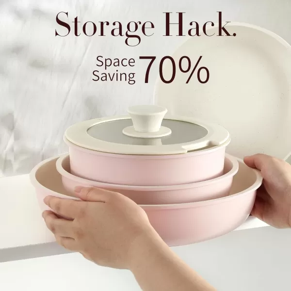imageCAROTE Pots and Pans Set Non Stick Cookware Sets 11pcs Kitchen Set OvenFridge Safe Space Saving Pots Set Nonstick Set with Versatile RemovableDetachable Handle Induction RV Set Wave BluePink