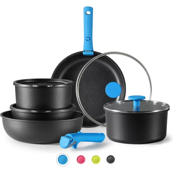 imageCAROTE Pots and Pans Set Non Stick Cookware Sets 11pcs Kitchen Set OvenFridge Safe Space Saving Pots Set Nonstick Set with Versatile RemovableDetachable Handle Induction RV Set Wave BlueBlue