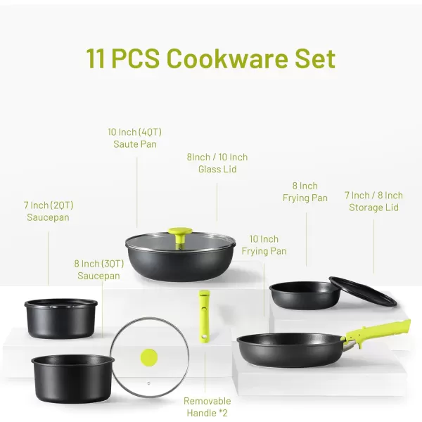 imageCAROTE Pots and Pans Set Non Stick Cookware Sets 11pcs Kitchen Set OvenFridge Safe Space Saving Pots Set Nonstick Set with Versatile RemovableDetachable Handle Induction RV Set Wave BlueGreen