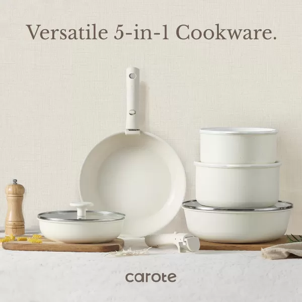 imageCAROTE Pots and Pans Set Non Stick Cookware Sets 11pcs Kitchen Set OvenFridge Safe Space Saving Pots Set Nonstick Set with Versatile RemovableDetachable Handle Induction RV Set Cream WhiteJade Cream