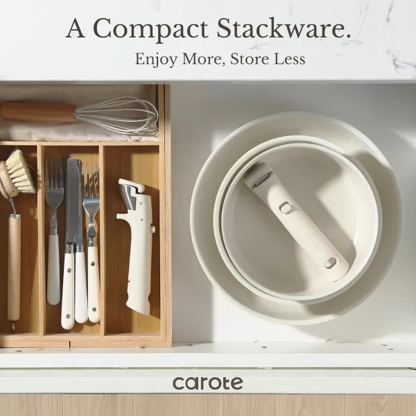 imageCAROTE Pots and Pans Set Non Stick Cookware Sets 11pcs Kitchen Set OvenFridge Safe Space Saving Pots Set Nonstick Set with Versatile RemovableDetachable Handle Induction RV Set Cream WhiteJade Cream