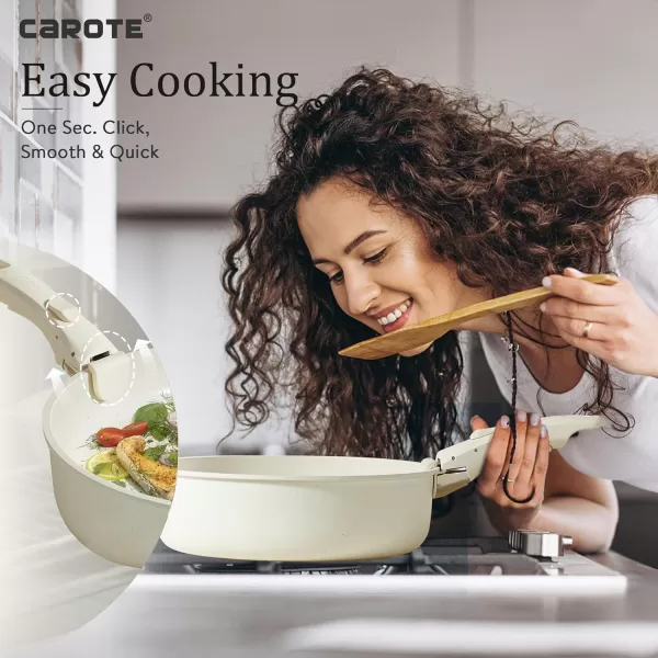 imageCAROTE Pots and Pans Set Non Stick Cookware Sets 11pcs Kitchen Set OvenFridge Safe Space Saving Pots Set Nonstick Set with Versatile RemovableDetachable Handle Induction RV Set Cream WhiteCream White