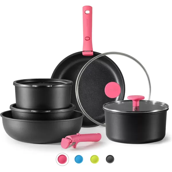 imageCAROTE Pots and Pans Set Non Stick Cookware Sets 11pcs Kitchen Set OvenFridge Safe Space Saving Pots Set Nonstick Set with Versatile RemovableDetachable Handle Induction RV Set Wave BluePink