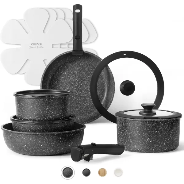 imageCAROTE Pots and Pans Set Non Stick Cookware Sets 11pcs Kitchen Set OvenFridge Safe Space Saving Pots Set Nonstick Set with Versatile RemovableDetachable Handle Induction RV Set Cream WhiteEbony black
