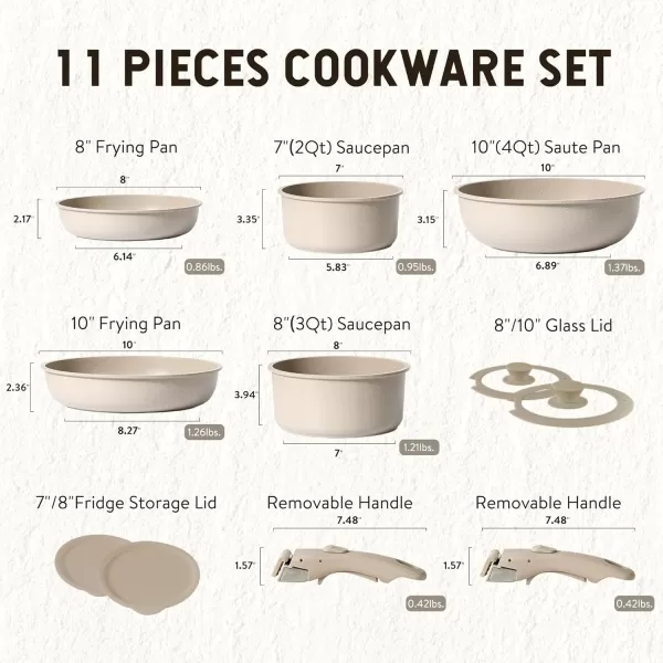 imageCAROTE Pots and Pans Set Nonstick Cookware Set Detachable Handle 11pcs Kitchen Cookware Sets Non Stick with Removable Handle Induction RV Cookware Set Oven Safe Taupe11pcs taupe set