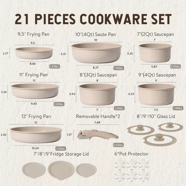 imageCAROTE Pots and Pans Set Nonstick Cookware Set Detachable Handle 11pcs Kitchen Cookware Sets Non Stick with Removable Handle Induction RV Cookware Set Oven Safe Taupe21pcs taupe set