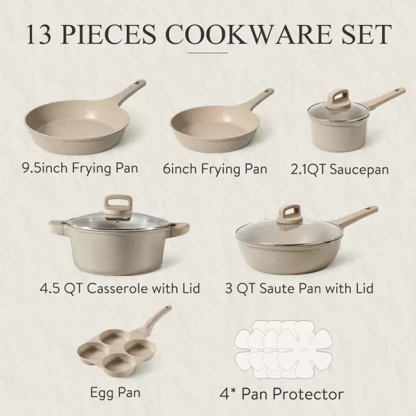 imageCAROTE Pots and Pans Set Nonstick Cookware Set Detachable Handle 11pcs Kitchen Cookware Sets Non Stick with Removable Handle Induction RV Cookware Set Oven Safe Taupe13pcs taupe set
