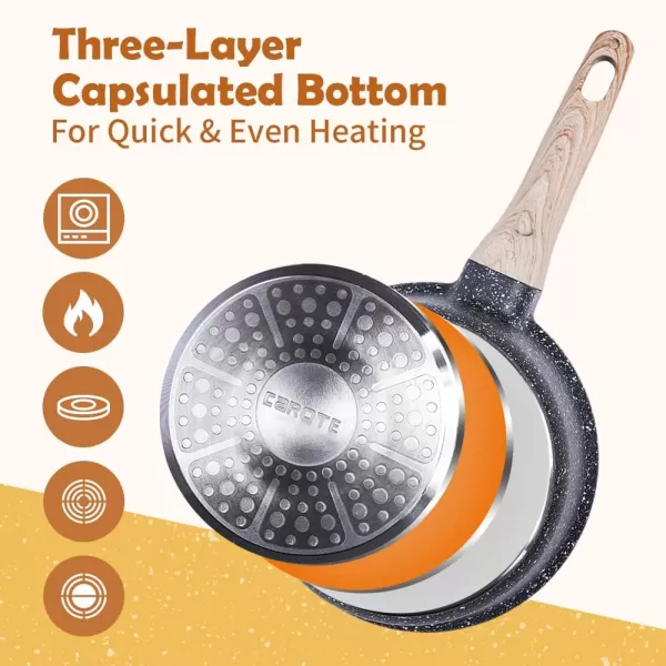 imageCAROTE Saucepan with LidNonstick Milk Pan for Induction Gas and Electric Hobs Small Cooking Pot with Pour Spout 18cm Classic Granite