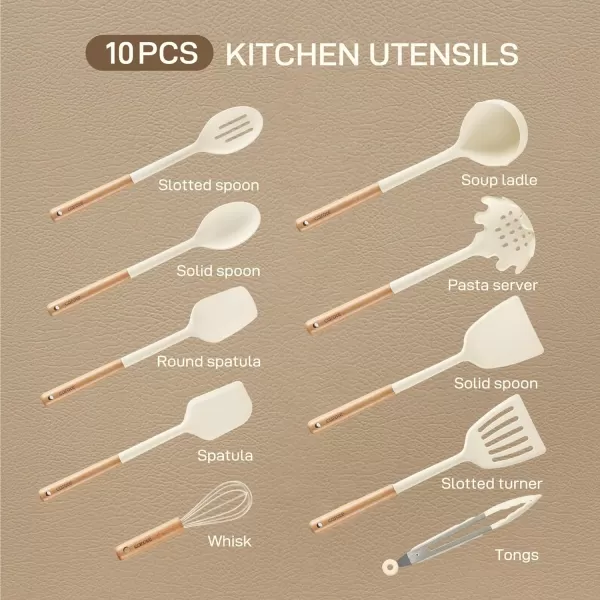 imageCAROTE Silicon Cooking Utensils Set for Kitchen446F Heat Resistant 10 pcs NonStick Cooking Set with Wooden Handle Spatula Turner Spoon Tongs WhiskLarge