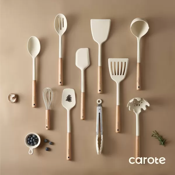 imageCAROTE Silicon Cooking Utensils Set for Kitchen446F Heat Resistant 10 pcs NonStick Cooking Set with Wooden Handle Spatula Turner Spoon Tongs WhiskLarge
