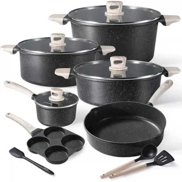 imageCAROTE 11 Piece Pots and Pans Ceramic Cookware Non Stick Health Induction Cookware Kitchen Cooking Set with Saucepan Set PFAS FreeBlack