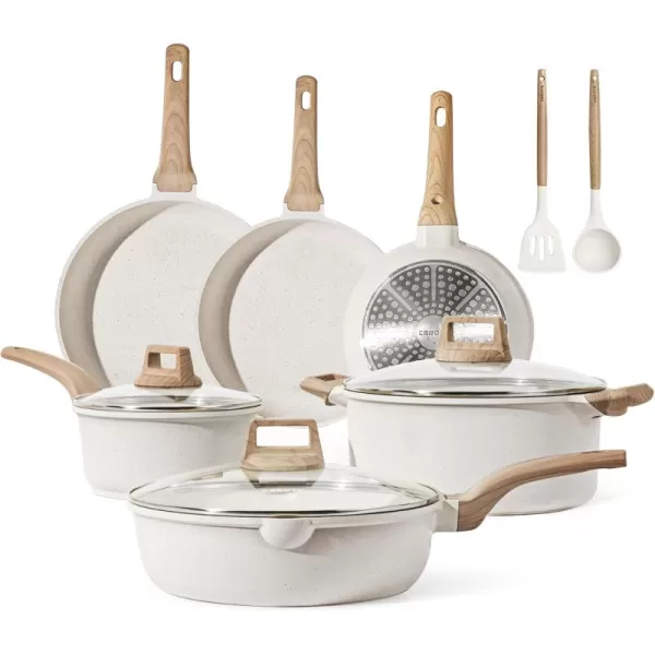 imageCAROTE 11 Piece Pots and Pans Ceramic Cookware Non Stick Health Induction Cookware Kitchen Cooking Set with Saucepan Set PFAS FreeCream White