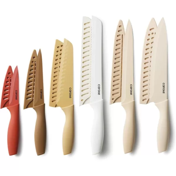 imageCAROTE 12 Pieces Kitchen Knife Set Stainless Steel Knife Set With Nonstick Ceramic Coating Dishwasher Safe with 6 Blade Guards Rustproof BrownBrown