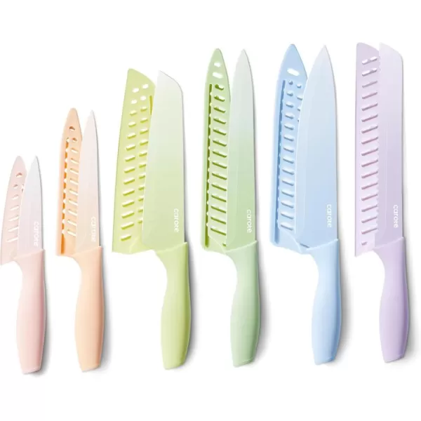 imageCAROTE 12 Pieces Kitchen Knife Set Stainless Steel Knife Set With Nonstick Ceramic Coating Dishwasher Safe with 6 Blade Guards Rustproof BrownMulticolor