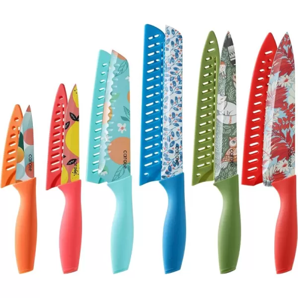 imageCAROTE 12 Pieces Kitchen Knife Set Stainless Steel Knife Set With Nonstick Ceramic Coating Dishwasher Safe with 6 Blade Guards Rustproof BrownRed